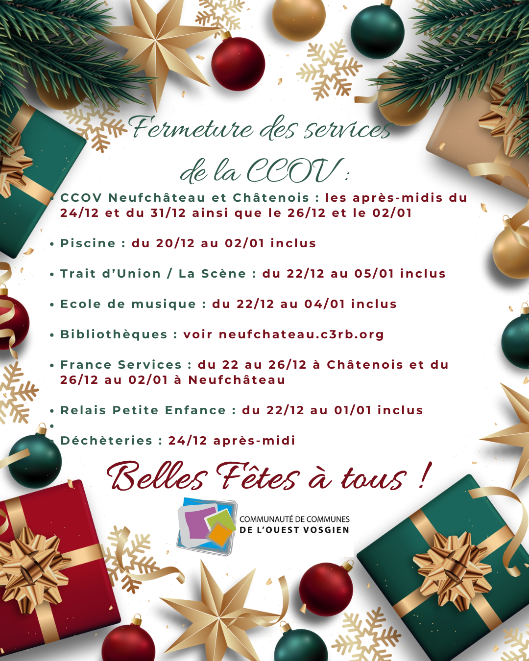 Fermeture des services – fin d’année 2025